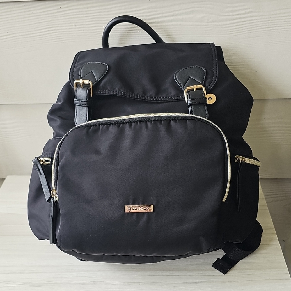 VS VOGSHOW Black Nylon Diaper Bag Backpack Gold Hardware Travel Multi Pocket